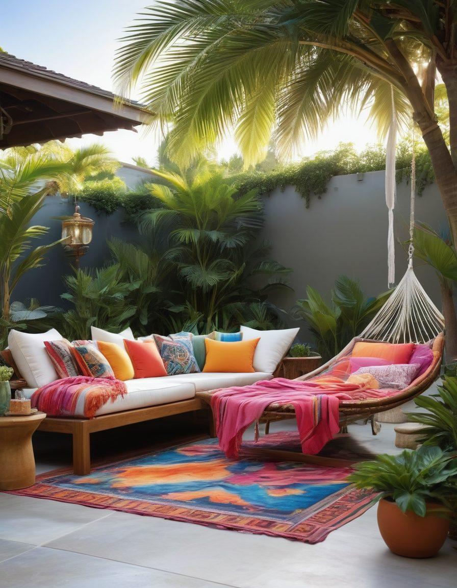 A luxurious garden setting showcasing resort-style furniture like a hammock, plush loungers, and a chic outdoor dining set. Surround the area with colorful beach house accessories, including vibrant throw pillows and tropical plants, under a sunny sky. Include elements like a cascading water feature and soft, inviting lighting for a serene atmosphere. The scene should evoke relaxation and comfort, perfect for a paradise-like patio. vibrant colors. super-realistic.