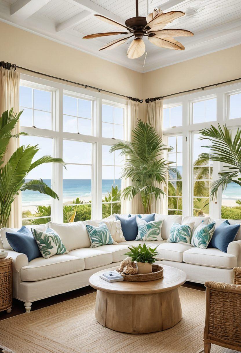 A serene coastal living room adorned with tropical decor, featuring soft, sandy-colored furniture, palm leaf patterns, and nautical elements. Natural sunlight streams through large windows, illuminating seashell accents and vibrant ocean-inspired artwork. Add a touch of greenery with potted tropical plants and a stunning view of the beach through the windows. super-realistic. vibrant colors. white background.